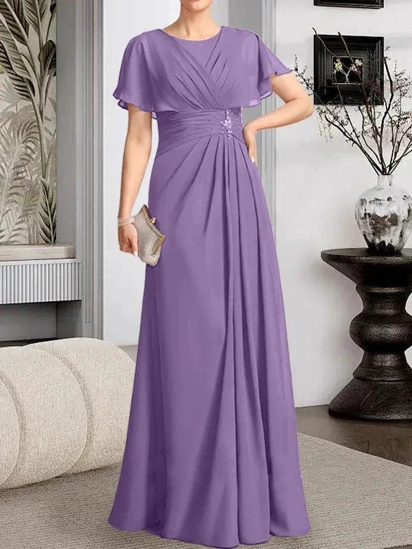 A-line Scoop Floor-Length Chiffon Mother of the Bride Dress With Pleated Beading by Dreamylily