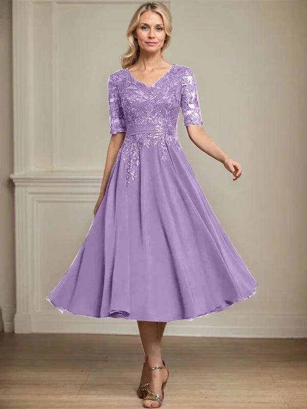 A-line V-Neck Tea-Length Lace Chiffon Mother of the Bride Dress With Sequins by Dreamylily