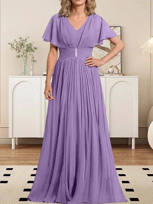 A-line V-Neck Floor-Length Chiffon Mother of the Bride Dress With Crystal Brooch Pleated by Dreamylily