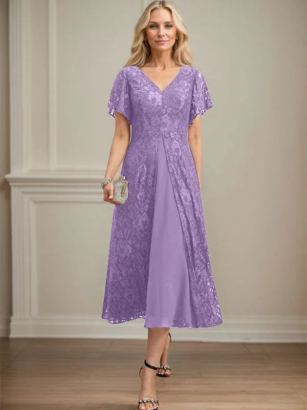 A-line V-Neck Tea-Length Lace Chiffon Mother of the Bride Dress by Dreamylily