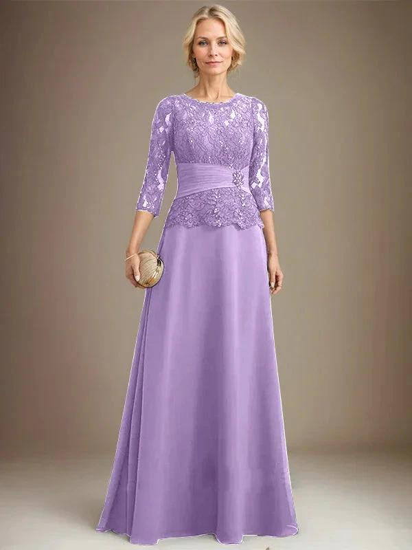 A-line Scoop Illusion Floor-Length Chiffon Lace Mother of the Bride Dress With Pleated Sequins Beading by Dreamylily