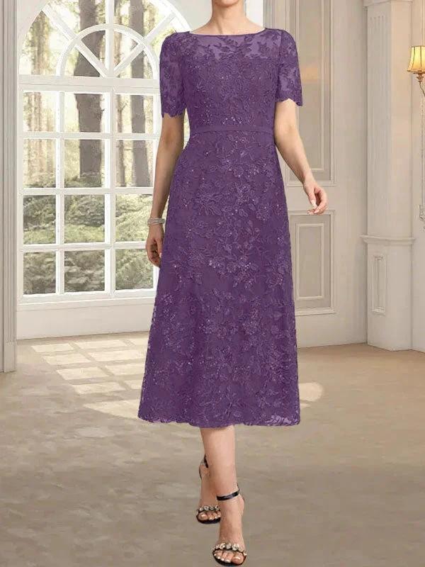 A-line Scoop Illusion Tea-Length Lace Mother of the Bride Dress With Sequins by Dreamylily