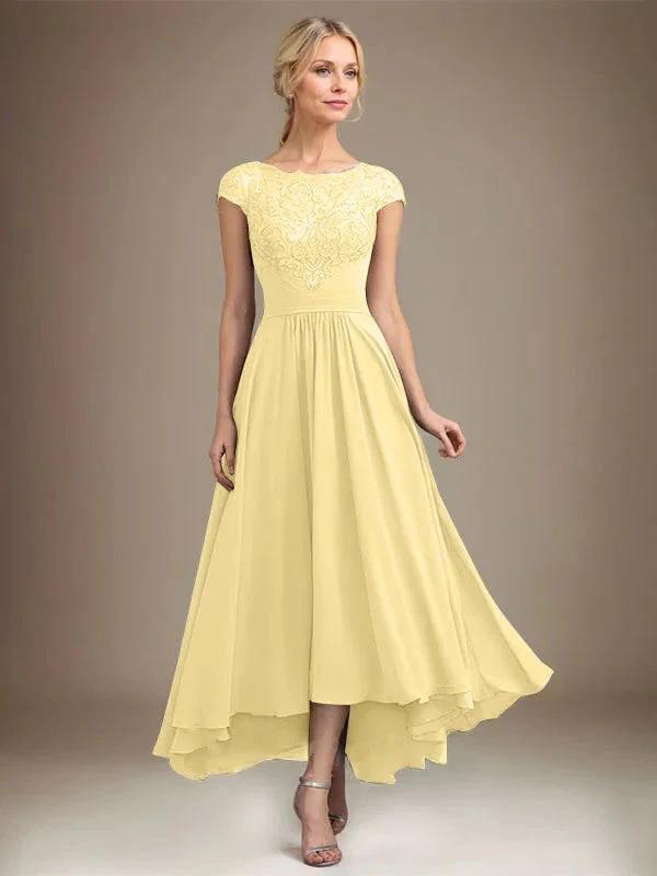 A-line Scoop Illusion Asymmetrical Lace Chiffon Mother of the Bride Dress With Pleated by Dreamylily