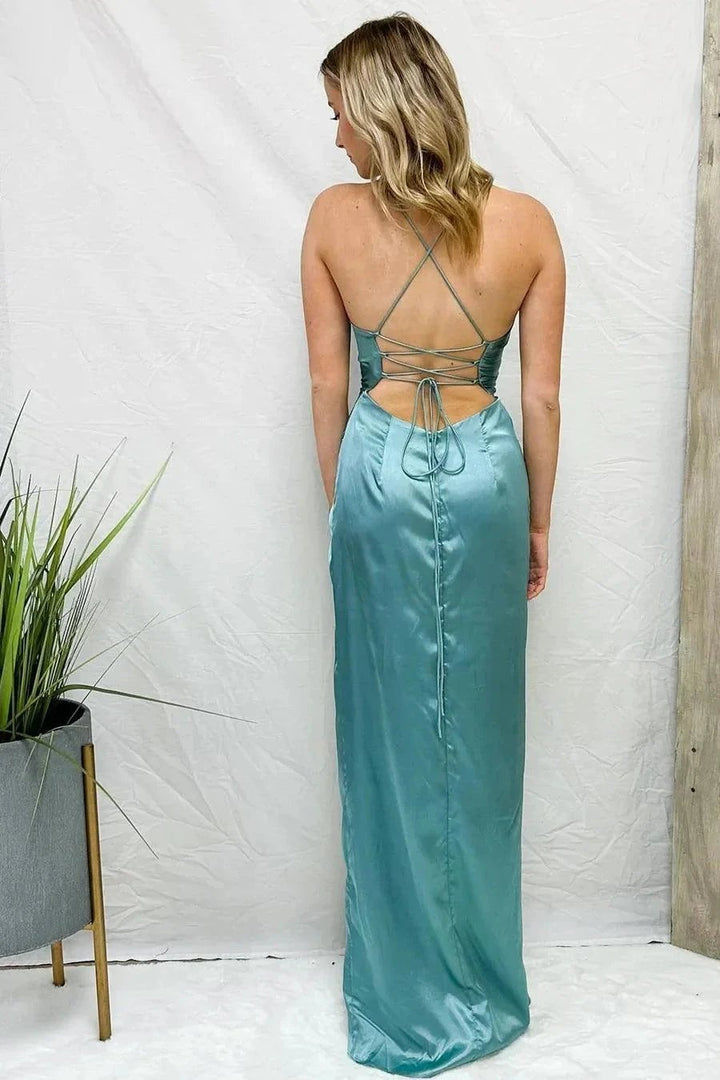 Light Blue Cowl Neck Twist Knot Pleated Long Prom Dress with Slit PSK430 by pgmdress