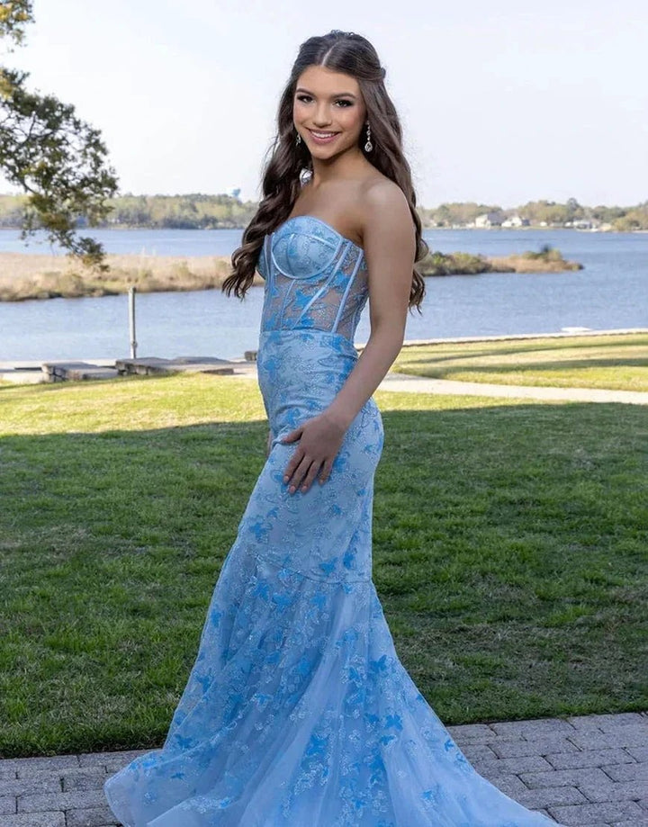 Ruth | Light Blue Gougeous Strapless Long Prom Dress With Appliques by KissProm