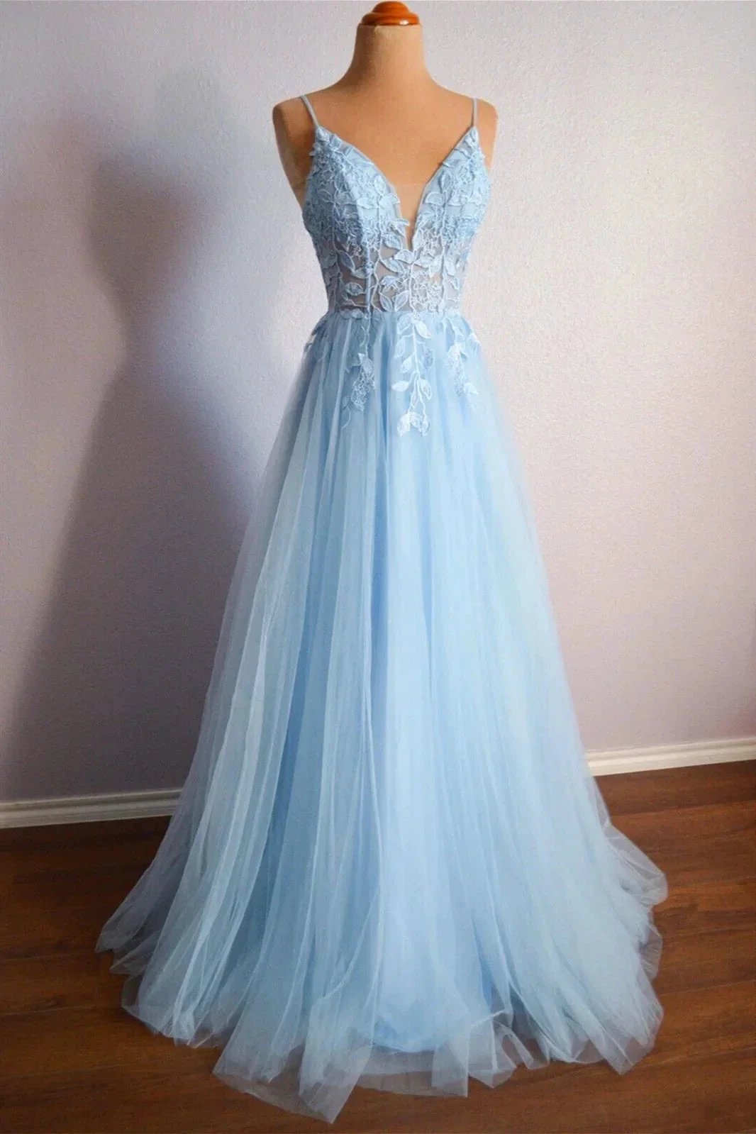 Light Blue V Neck Lace-Up Appliques Tulle Long Prom Dress Evening Dress PSK439 by pgmdress