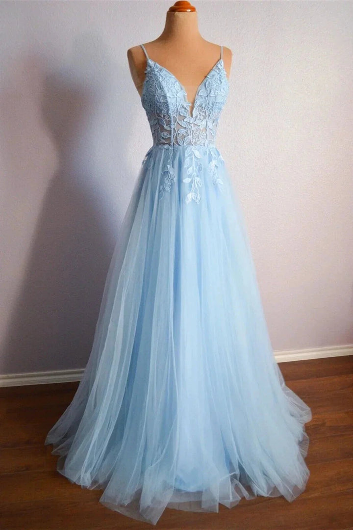 Light Blue V Neck Lace-Up Appliques Tulle Long Prom Dress Evening Dress PSK439 by pgmdress