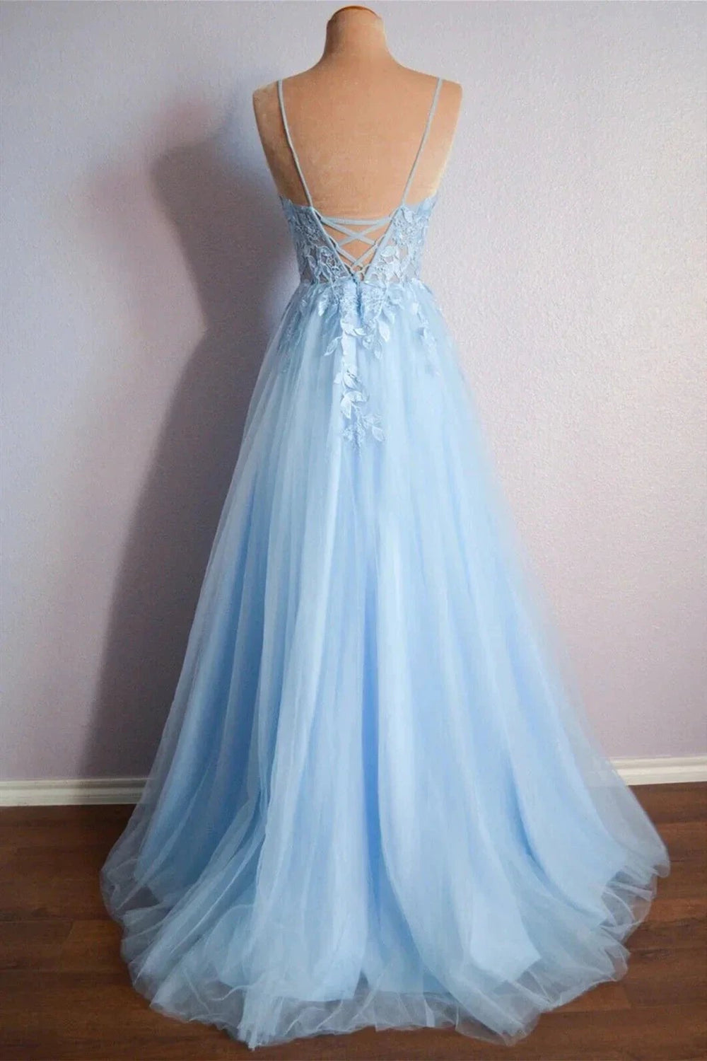 Light Blue V Neck Lace-Up Appliques Tulle Long Prom Dress Evening Dress PSK439 by pgmdress