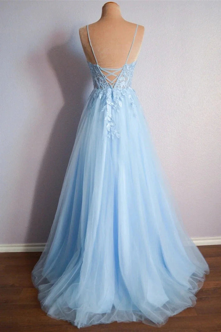 Light Blue V Neck Lace-Up Appliques Tulle Long Prom Dress Evening Dress PSK439 by pgmdress