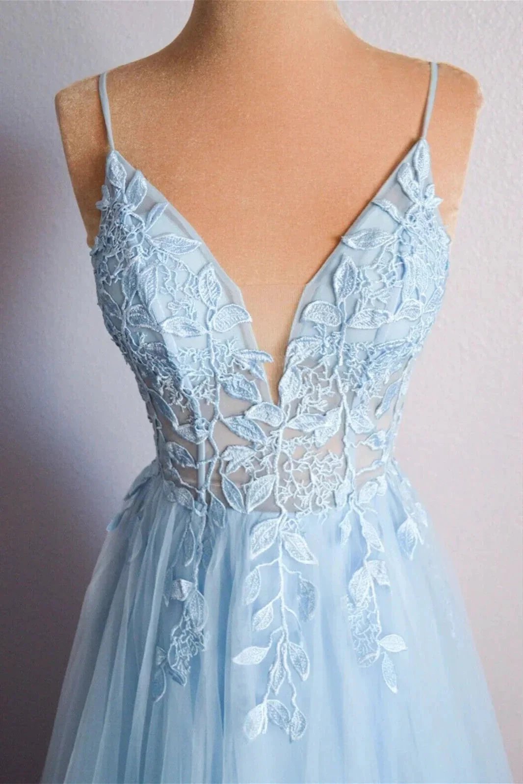 Light Blue V Neck Lace-Up Appliques Tulle Long Prom Dress Evening Dress PSK439 by pgmdress