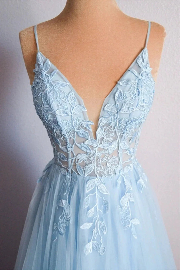 Light Blue V Neck Lace-Up Appliques Tulle Long Prom Dress Evening Dress PSK439 by pgmdress