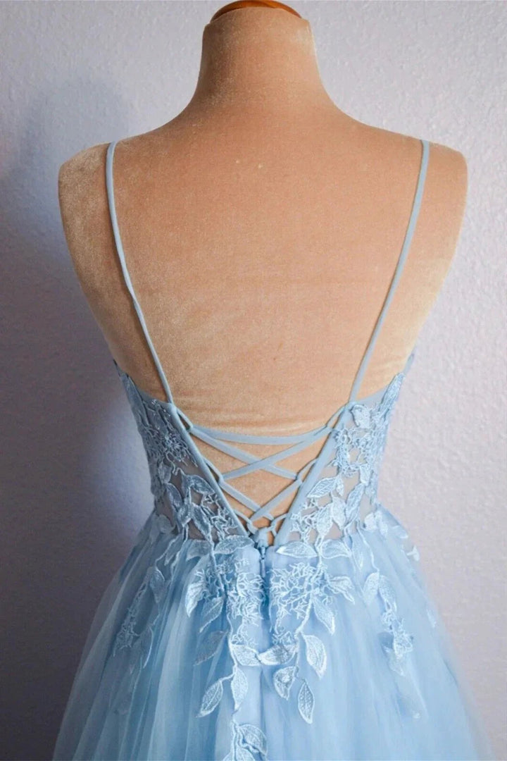 Light Blue V Neck Lace-Up Appliques Tulle Long Prom Dress Evening Dress PSK439 by pgmdress