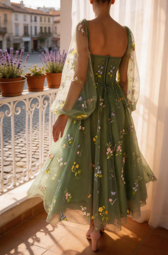 Light Green Embroidered Tulle dress Evening Dress Puffy Long Sleeve PSK304 by pgmdress