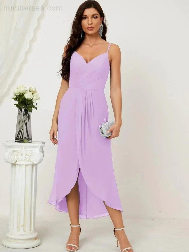 Numbersea Spaghetti Chiffon V Neck Bridesmaid Dress Mid-Length Slit Formal Prom Dress Homecoming Dress 2803 by numbersea