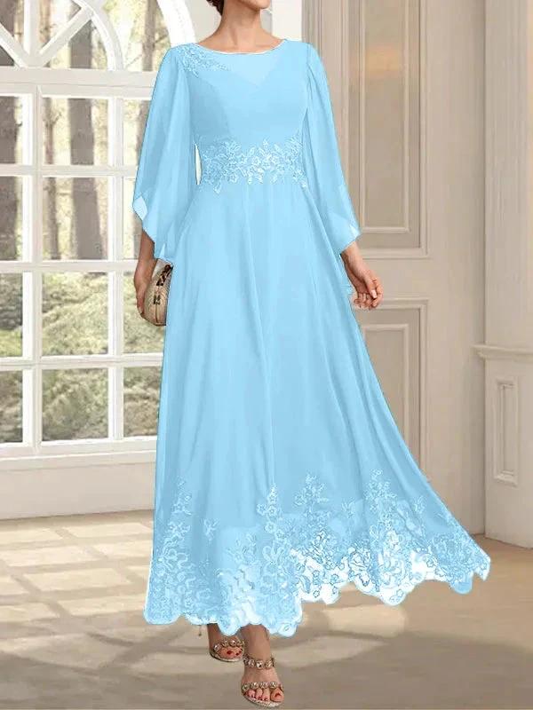 A-line Scoop Illusion Ankle-Length Lace Chiffon Mother of the Bride Dress With Sequins by Dreamylily