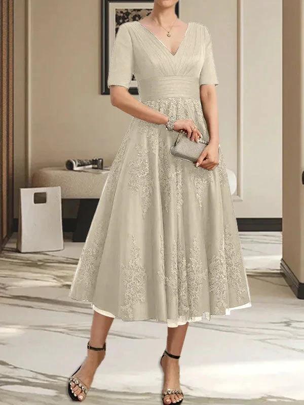 A-line V-Neck Tea-Length Tulle Lace Mother of the Bride Dress With Pleated by Dreamylily