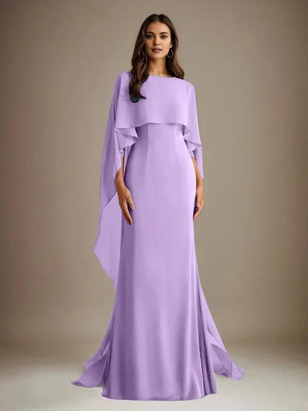 Sheath/Column Boatneck Floor-Length Chiffon Mother of the Bride Dress With Cascading Ruffles by Dreamylily