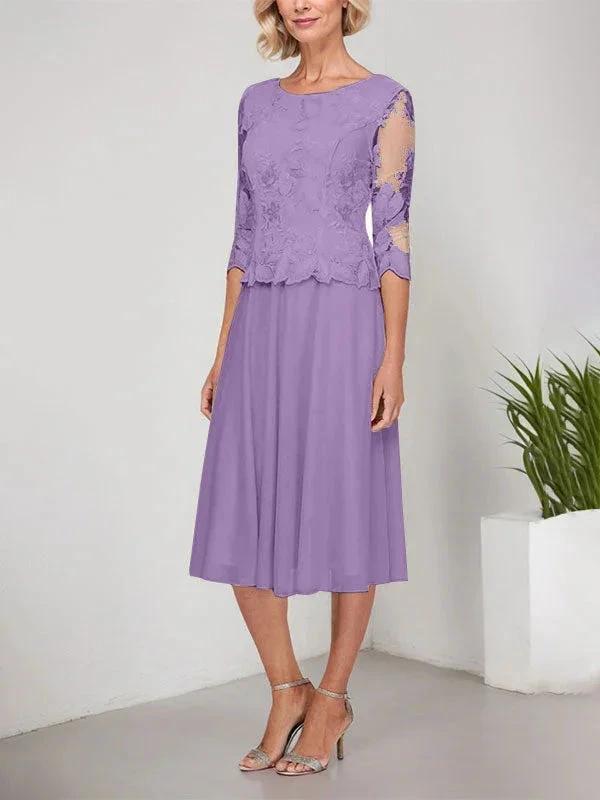 A-line Scoop Tea-Length Lace Chiffon Mother of the Bride Dress With Embroidery by Dreamylily