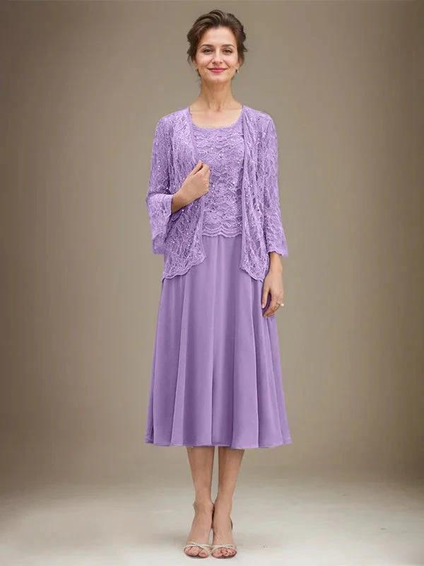 A-line Scoop Tea-Length Lace Chiffon Mother of the Bride Dress With Sequins by Dreamylily
