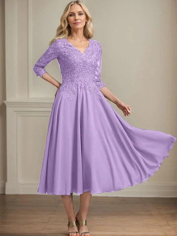 A-line V-Neck Tea-Length Chiffon Lace Mother of the Bride Dress With Beading Sequins by Dreamylily
