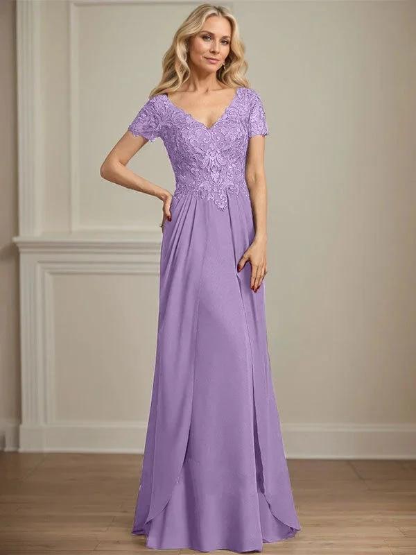 A-line V-Neck Floor-Length Chiffon Lace Mother of the Bride Dress by Dreamylily