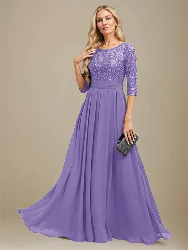 A-Line Scoop Floor-Length Lace Chiffon Mother Of the Bride Dress With Sequins Applique by Dreamylily