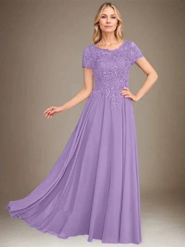 A-Line Scoop Floor-Length Chiffon Mother of the Bride Dress With Applique &amp; Sequins by Dreamylily