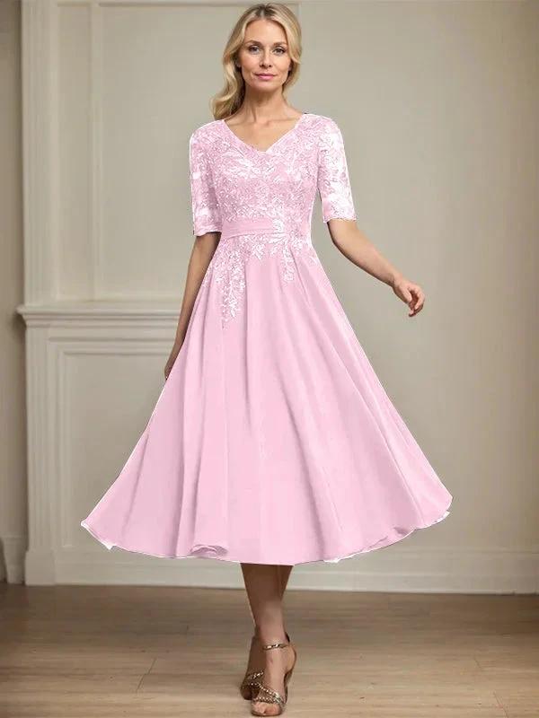 A-line V-Neck Tea-Length Lace Chiffon Mother of the Bride Dress With Sequins by Dreamylily