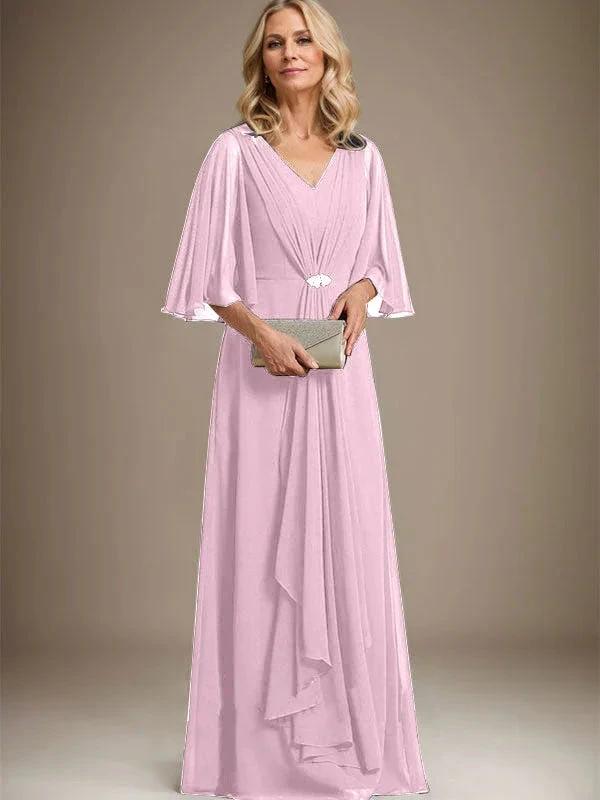 A-line V-Neck Floor-Length Chiffon Mother of the Bride Dress With Cascading Ruffles Crystal Brooch by Dreamylily
