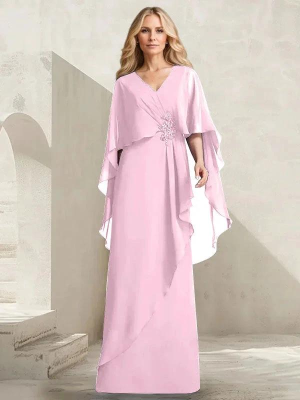 A-line V-Neck Floor-Length Chiffon Mother of the Bride Dress With Cascading Ruffles Beading by Dreamylily