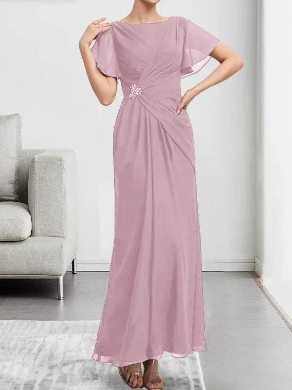 A-line Scoop Ankle-Length Chiffon Mother of the Bride Dress With Beading Pleated by Dreamylily