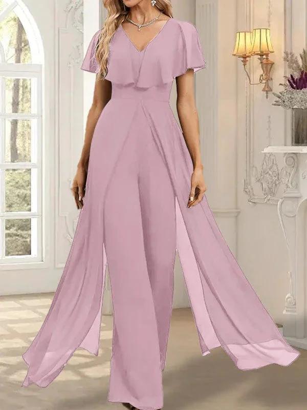 Jumpsuit/Pantsuit V-Neck Floor-Length Chiffon Evening Dress by Dreamylily