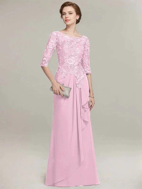 A-line Scoop Illusion Floor-Length Lace Chiffon Mother of the Bride Dress With Cascading Ruffles by Dreamylily