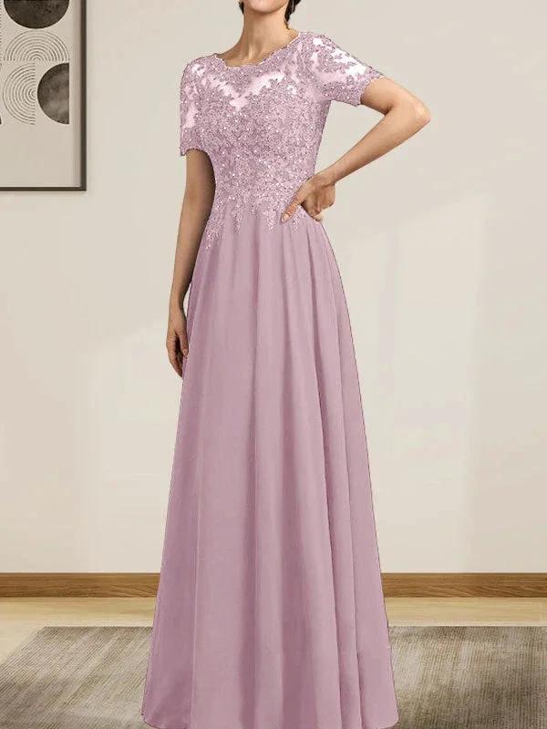 A-line Scoop Illusion Floor-Length Chiffon Lace Mother of the Bride Dress With Sequins Beading by Dreamylily
