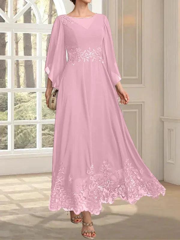 A-line Scoop Illusion Ankle-Length Lace Chiffon Mother of the Bride Dress With Sequins by Dreamylily