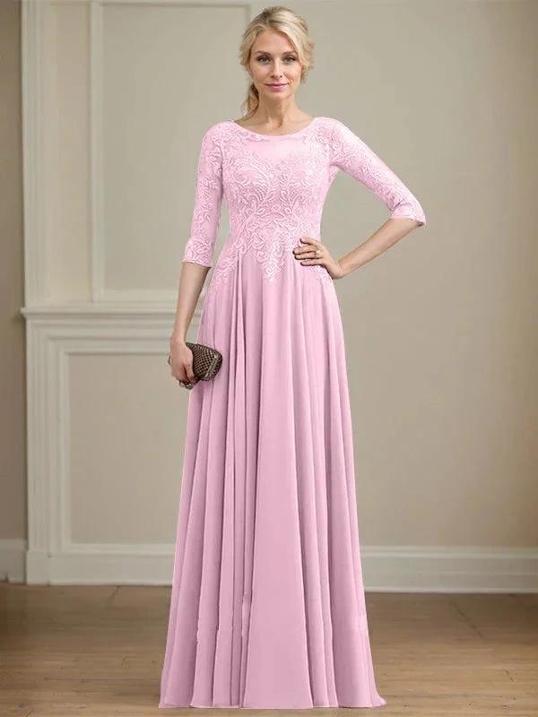 A-line Scoop Illusion Floor-Length Lace Chiffon Mother of the Bride Dress With Sequins by Dreamylily
