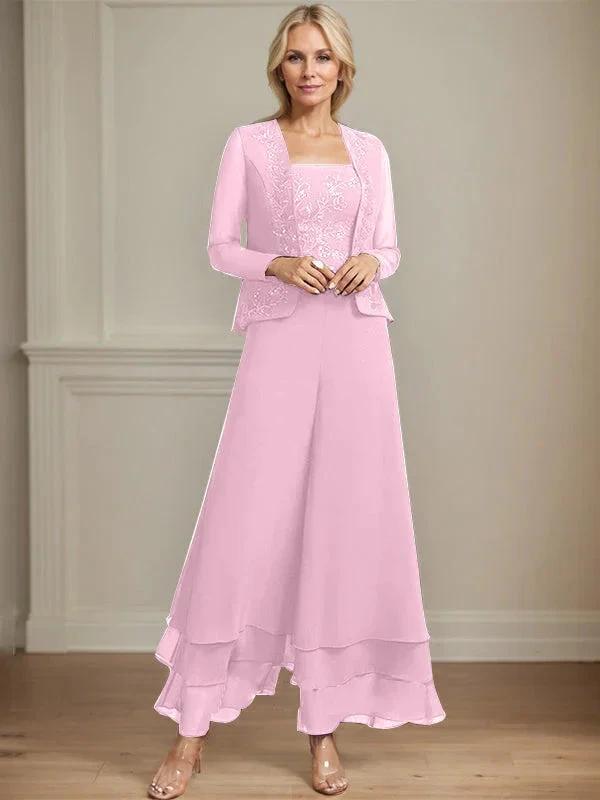 Separates Jumpsuit/Pantsuit Square Ankle-Length Lace Chiffon Mother of the Bride Dress With Sequins by Dreamylily
