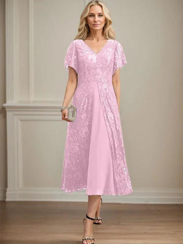A-line V-Neck Tea-Length Lace Chiffon Mother of the Bride Dress by Dreamylily