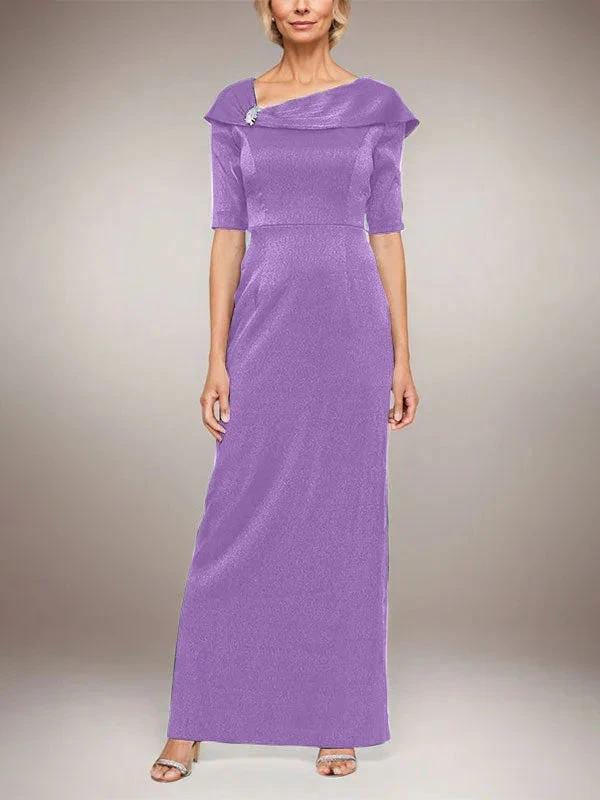 Long Shimmer Column Dress with Foldover Cuff L-Neckline and Elbow Sleeves by Dreamylily
