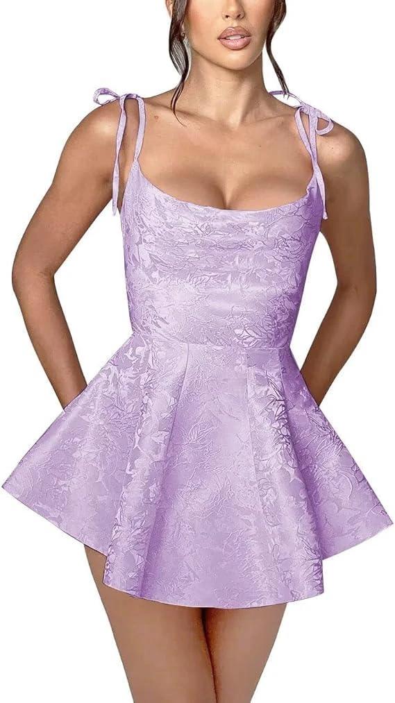 A-line Short Homecoming Dress Spaghetti Straps Satin Sleeveless Party Dress Jacquard Party Dresses by Biztunnel