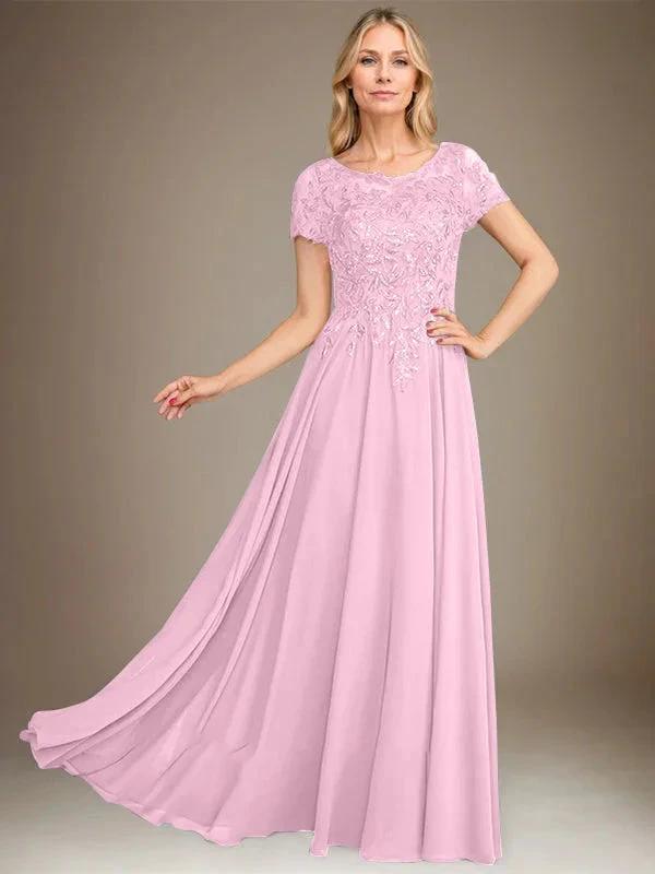A-Line Scoop Floor-Length Chiffon Mother of the Bride Dress With Applique &amp; Sequins by Dreamylily