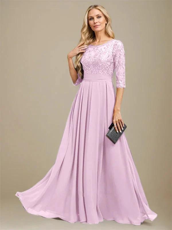A-Line Scoop Floor-Length Lace Chiffon Mother Of the Bride Dress With Sequins Applique by Dreamylily
