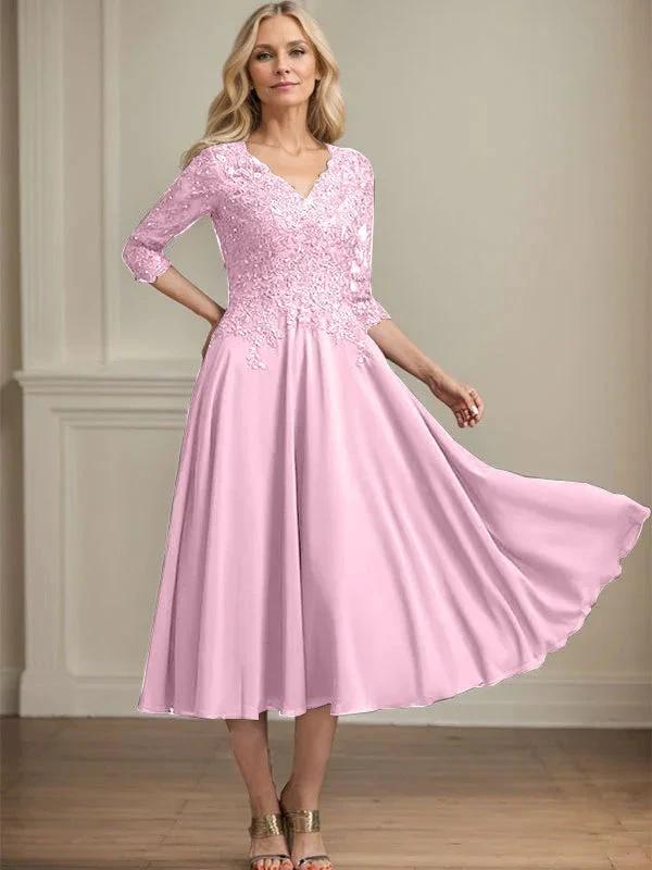 A-line V-Neck Tea-Length Chiffon Lace Mother of the Bride Dress With Beading Sequins by Dreamylily