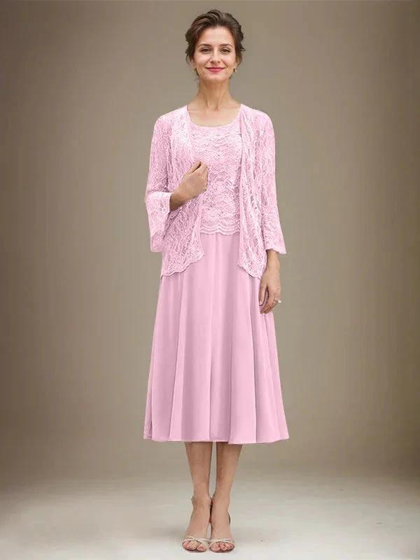 A-line Scoop Tea-Length Lace Chiffon Mother of the Bride Dress With Sequins by Dreamylily