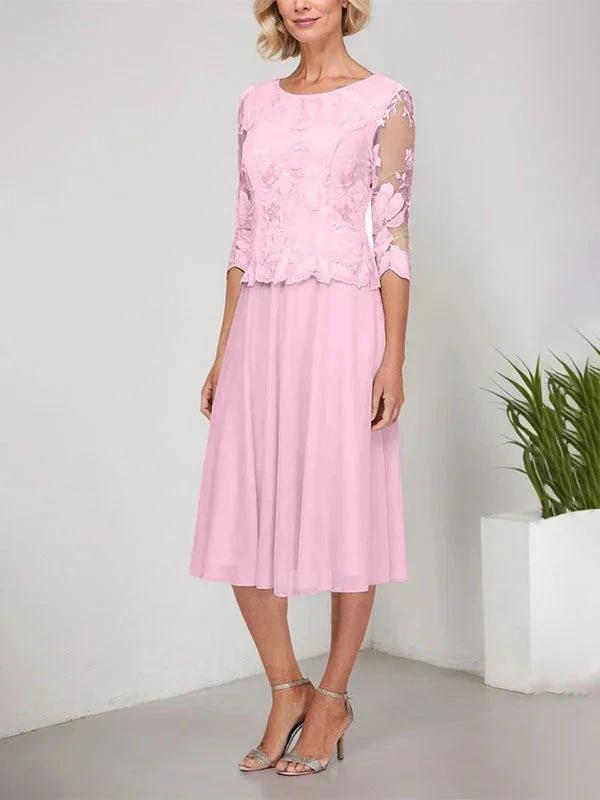 A-line Scoop Tea-Length Lace Chiffon Mother of the Bride Dress With Embroidery by Dreamylily