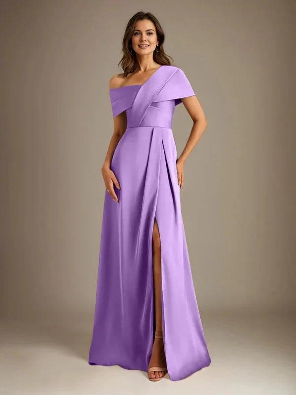A-Line Asymmetrical Neckline Floor-Length Satin Mother of the Bride Dress With Pleated by Dreamylily