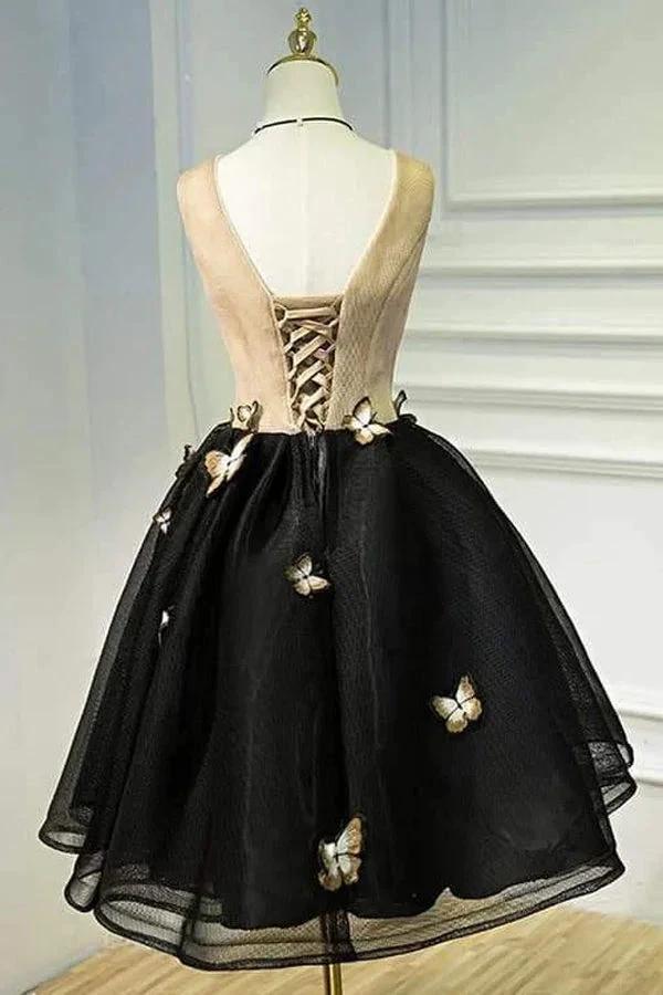 Little Black Homecoming Dress Butterfly V-neck Short Prom Dress PD397 by pgmdress