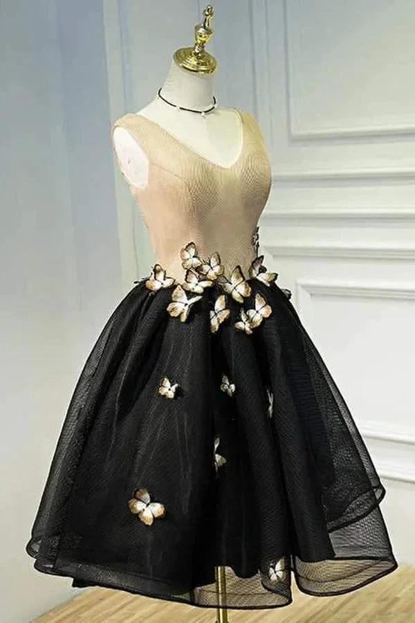 Little Black Homecoming Dress Butterfly V-neck Short Prom Dress PD397 by pgmdress