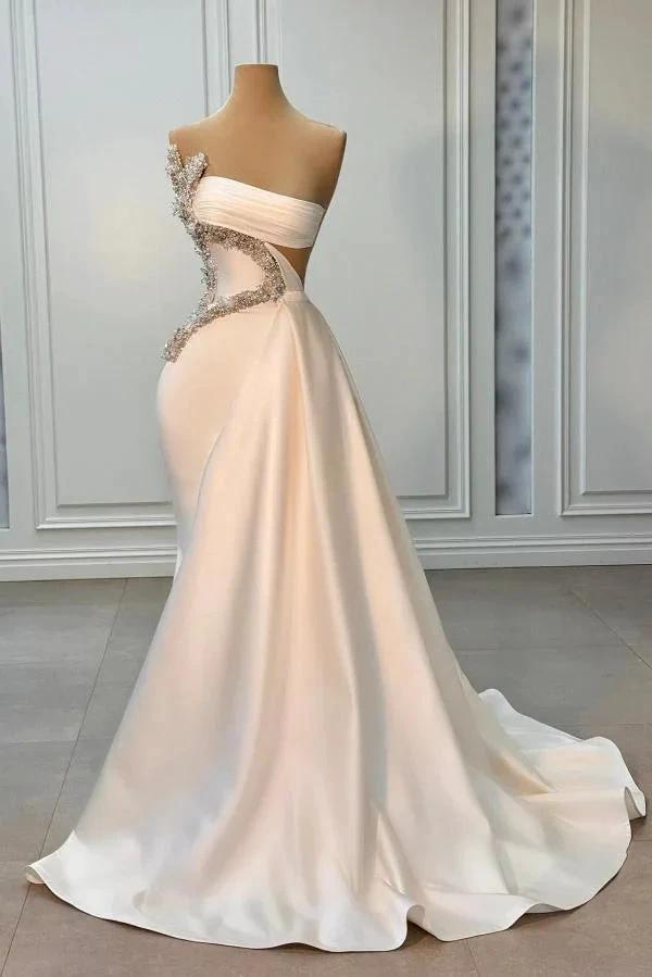 Long Ivory Mermmaid Strapless Beading Satin Sleeveless Prom Dress by BIZTUNNEL