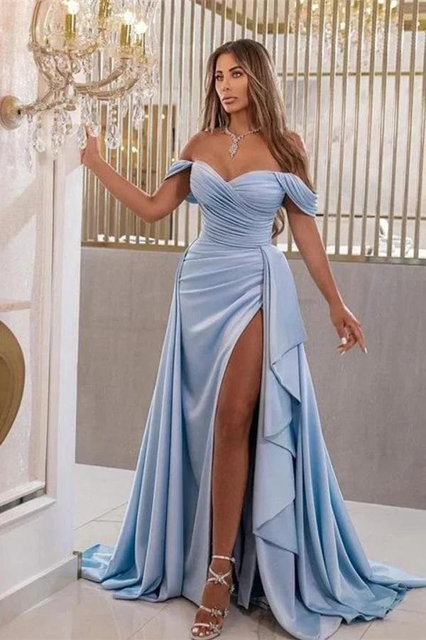 Long Mermaid Off the Shoulder Ruched Satin Formal Prom Dress with Slit by BIZTUNNEL